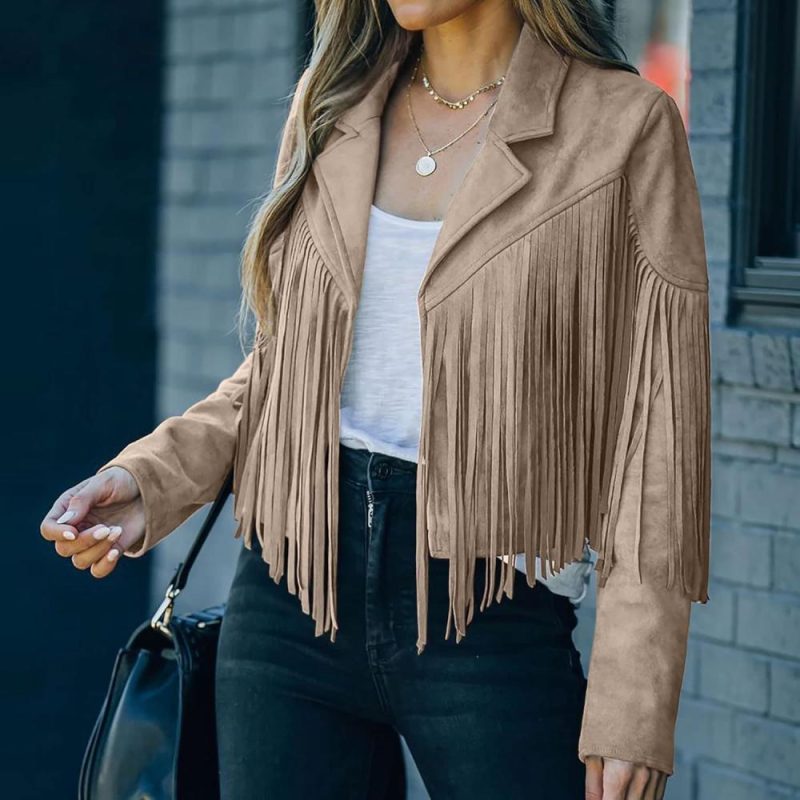 Gym Tote Bags | Fringe Coat For Women Cowgirl Faux Suede Cropped Short Jacket Notch Lapel Collar Long Sleeve Tassels Cardigans (X-Large, Khaki) Gym Bags Gym Tote Bags