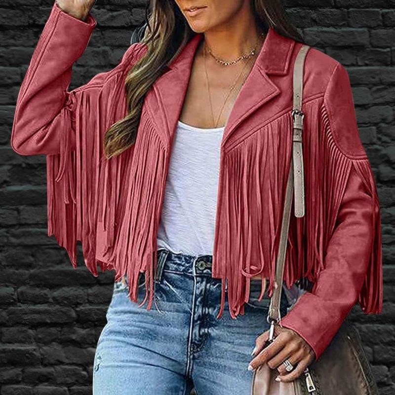 Gym Tote Bags | Fringe Coat For Women Cowgirl Faux Suede Cropped Short Jacket Notch Lapel Collar Long Sleeve Tassels Cardigans (Xx-Large, Red) Gym Bags Gym Tote Bags