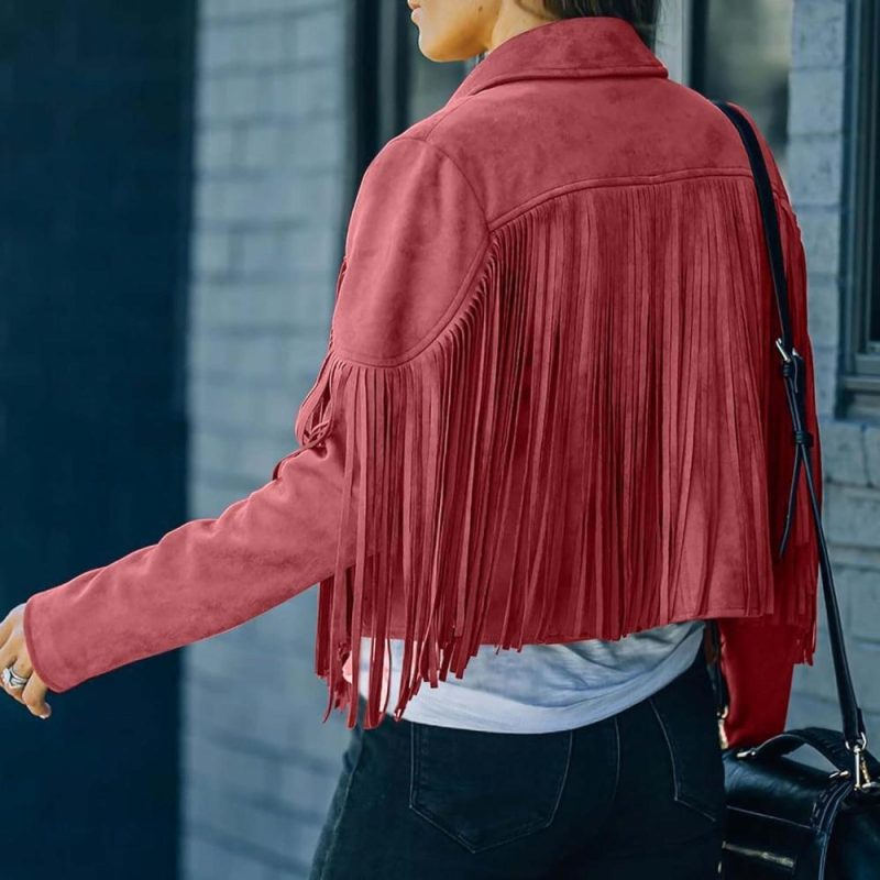 Gym Tote Bags | Fringe Coat For Women Cowgirl Faux Suede Cropped Short Jacket Notch Lapel Collar Long Sleeve Tassels Cardigans (Xx-Large, Red) Gym Bags Gym Tote Bags