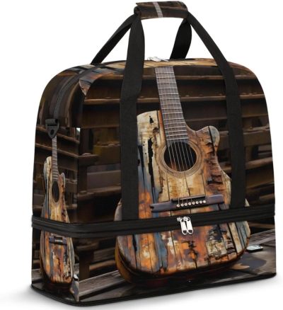 Gym Tote Bags | Guitars Theme Pattern Gym Bag For Women Duffle Tote With Shoes Compartment Men Weekender Duffel For Dance Travel Sports Swimming Overnight Gym Bags Guitars Theme Pattern