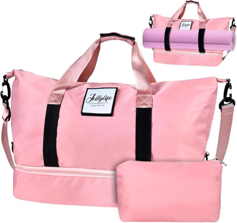 Gym Tote Bags | Gym Bag For Women: Travel Tote Duffel Bag With Yoga Mat Holder, Shoe Compartment, Usb Charging Port, Trolley Sleeve, Plus Toiletry Pouch-Weekender Carry Luggage, Traveling Getaways Workout, Pink Gym Bags Gym Tote Bags