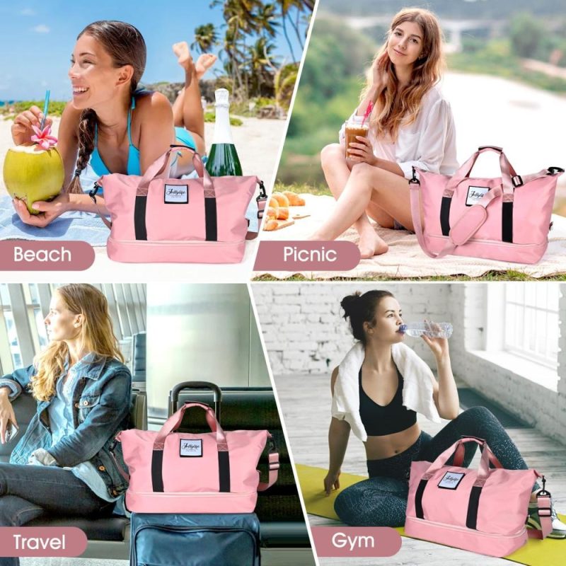 Gym Tote Bags | Gym Bag For Women: Travel Tote Duffel Bag With Yoga Mat Holder, Shoe Compartment, Usb Charging Port, Trolley Sleeve, Plus Toiletry Pouch-Weekender Carry Luggage, Traveling Getaways Workout, Pink Gym Bags Gym Tote Bags