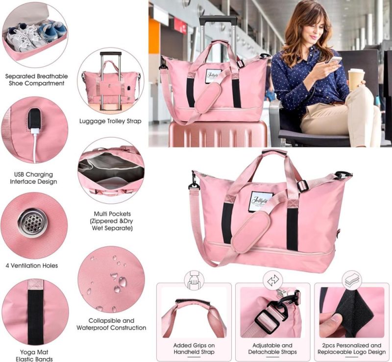 Gym Tote Bags | Gym Bag For Women: Travel Tote Duffel Bag With Yoga Mat Holder, Shoe Compartment, Usb Charging Port, Trolley Sleeve, Plus Toiletry Pouch-Weekender Carry Luggage, Traveling Getaways Workout, Pink Gym Bags Gym Tote Bags