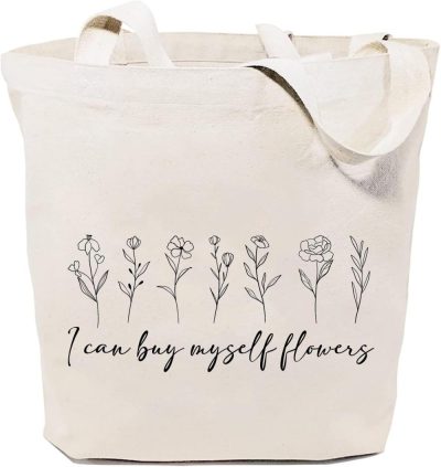 Gym Tote Bags | I Can Buy Myself Flowers Canvas Tote Bag Eco Friendly Shoulder Bag Flower Casual Graphic Handbag Shopping Bag Gym Bags Beige