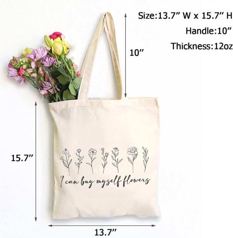 Gym Tote Bags | I Can Buy Myself Flowers Canvas Tote Bag Eco Friendly Shoulder Bag Flower Casual Graphic Handbag Shopping Bag Gym Bags Beige