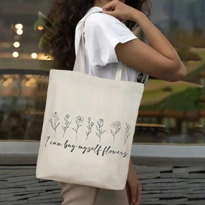 Gym Tote Bags | I Can Buy Myself Flowers Canvas Tote Bag Eco Friendly Shoulder Bag Flower Casual Graphic Handbag Shopping Bag Gym Bags Beige