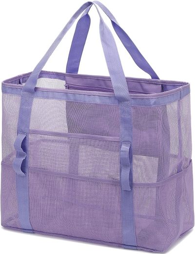 Gym Tote Bags | Mesh Beach Bag, Extra Large Beach Tote With Zipper Pocket Pool Bag For Cruise/Swim/Vacation Essentials Gym Bags A-purple