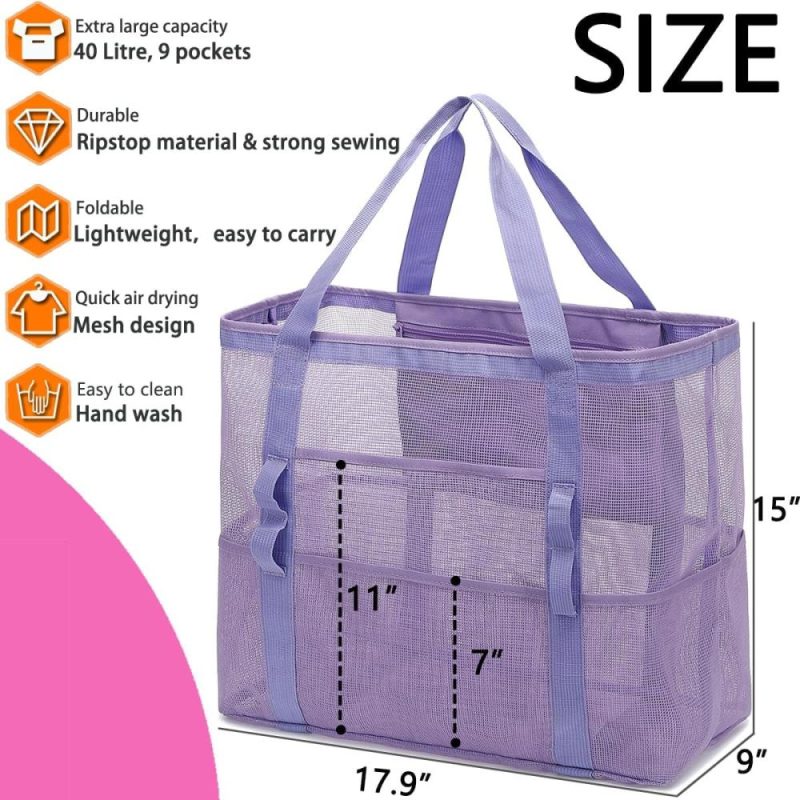 Gym Tote Bags | Mesh Beach Bag, Extra Large Beach Tote With Zipper Pocket Pool Bag For Cruise/Swim/Vacation Essentials Gym Bags A-purple