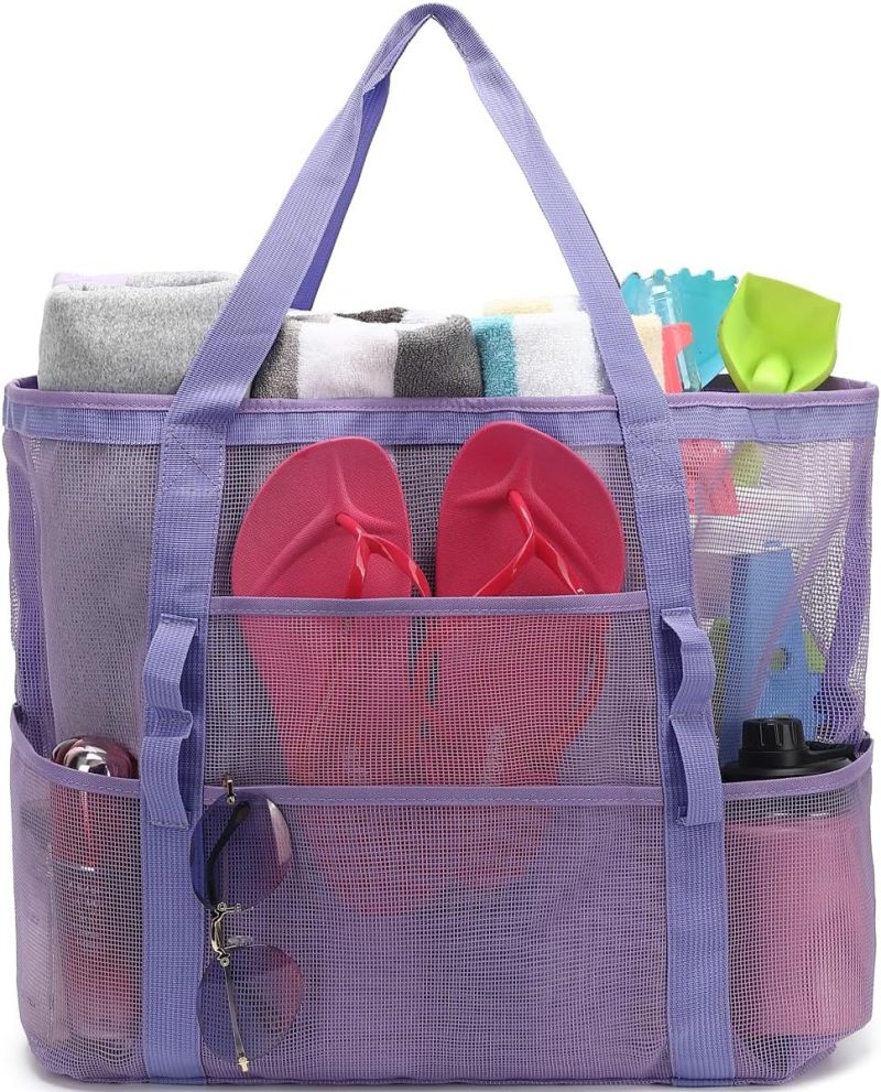 Gym Tote Bags | Mesh Beach Bag, Extra Large Beach Tote With Zipper Pocket Pool Bag For Cruise/Swim/Vacation Essentials Gym Bags A-purple