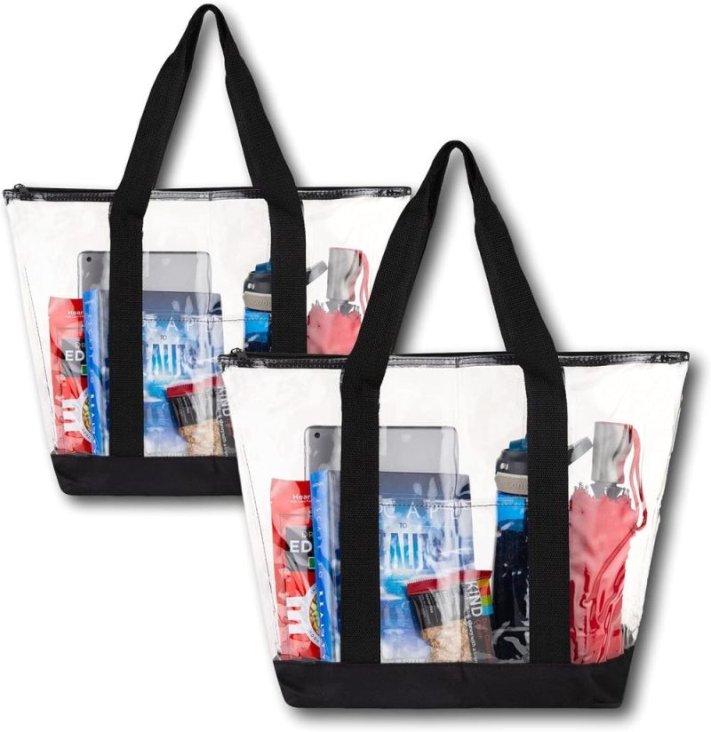 Gym Tote Bags | [Pack Of 2] Clear Tote Bags For Work, Beach, Stadium, Security Approved With Zipper Closure Gym Bags Black