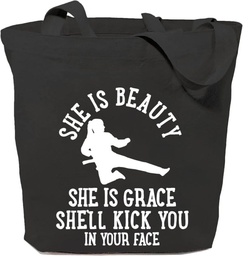 Gym Tote Bags | Sauivd She Is Beauty She Is Grace Canvas Tote Bag Eco Friendly Shoulder Bag Karate Girl Graphic Handbag Woman Power Gym Bags Black