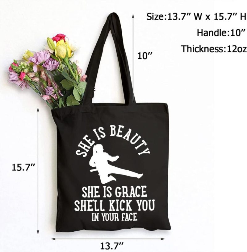 Gym Tote Bags | Sauivd She Is Beauty She Is Grace Canvas Tote Bag Eco Friendly Shoulder Bag Karate Girl Graphic Handbag Woman Power Gym Bags Black