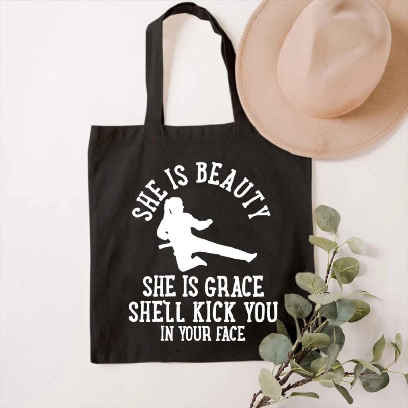 Gym Tote Bags | Sauivd She Is Beauty She Is Grace Canvas Tote Bag Eco Friendly Shoulder Bag Karate Girl Graphic Handbag Woman Power Gym Bags Black