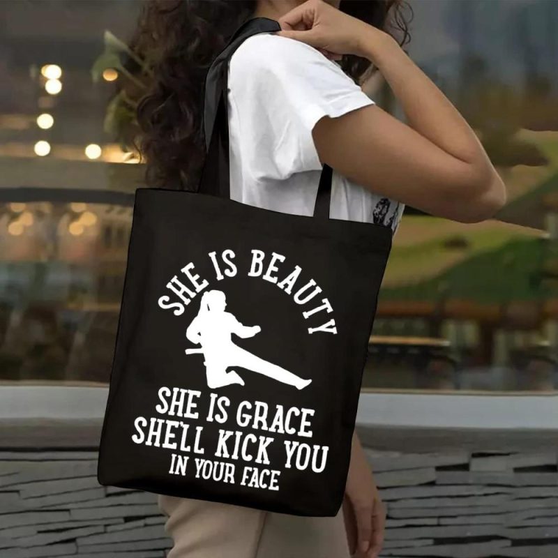 Gym Tote Bags | Sauivd She Is Beauty She Is Grace Canvas Tote Bag Eco Friendly Shoulder Bag Karate Girl Graphic Handbag Woman Power Gym Bags Black