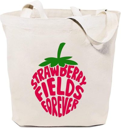 Gym Tote Bags | Sauivd Strawberry Fields Forever Canvas Tote Bag Eco Friendly Shoulder Bag Cute Strawberry Graphic Bag Music Lover Gym Bags Beige