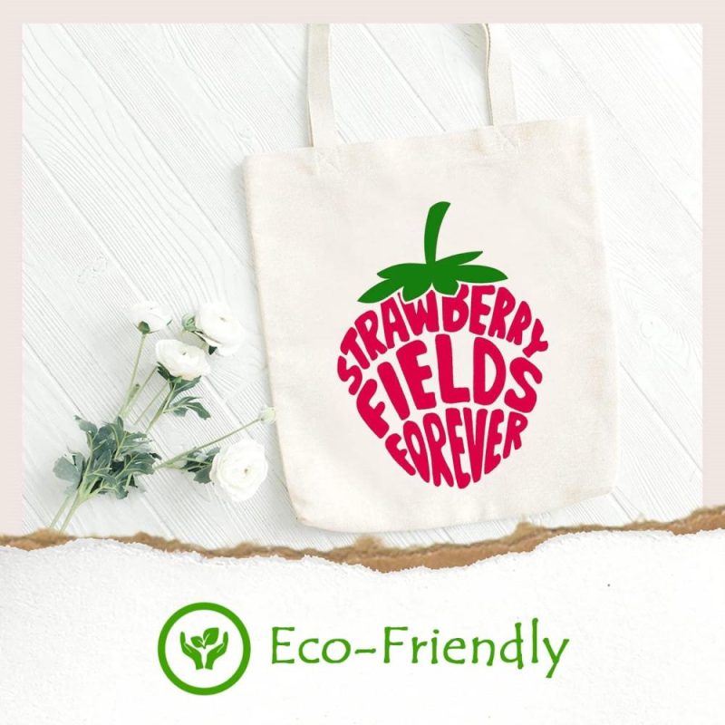 Gym Tote Bags | Sauivd Strawberry Fields Forever Canvas Tote Bag Eco Friendly Shoulder Bag Cute Strawberry Graphic Bag Music Lover Gym Bags Beige