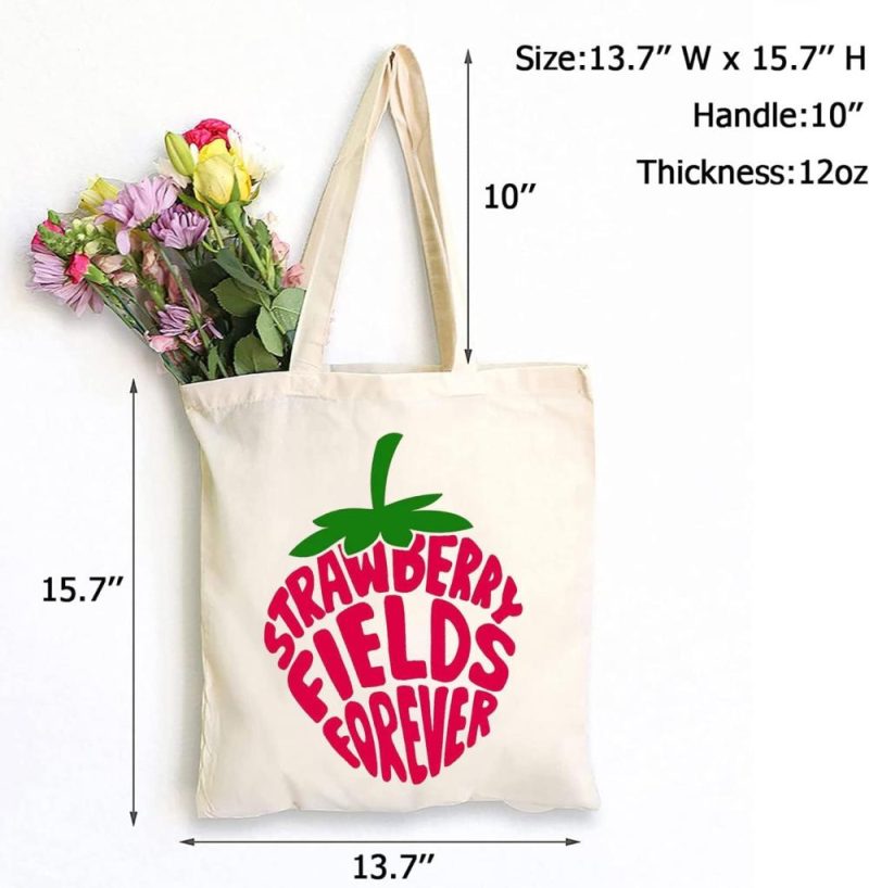 Gym Tote Bags | Sauivd Strawberry Fields Forever Canvas Tote Bag Eco Friendly Shoulder Bag Cute Strawberry Graphic Bag Music Lover Gym Bags Beige