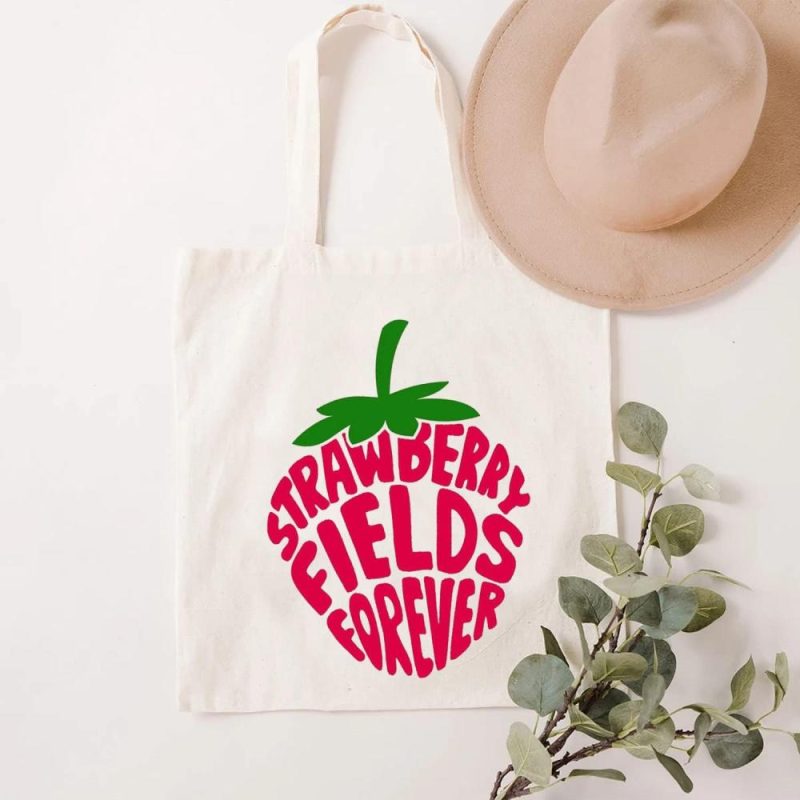 Gym Tote Bags | Sauivd Strawberry Fields Forever Canvas Tote Bag Eco Friendly Shoulder Bag Cute Strawberry Graphic Bag Music Lover Gym Bags Beige