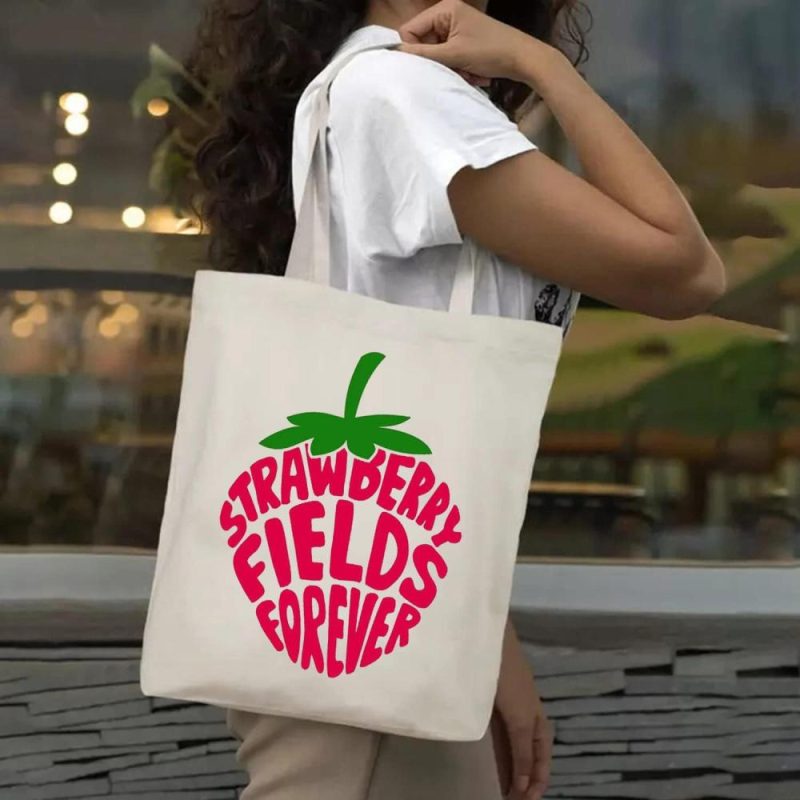 Gym Tote Bags | Sauivd Strawberry Fields Forever Canvas Tote Bag Eco Friendly Shoulder Bag Cute Strawberry Graphic Bag Music Lover Gym Bags Beige