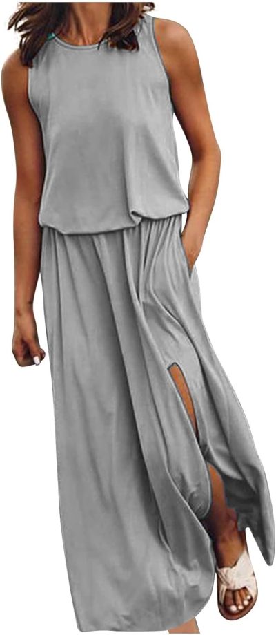 Gym Tote Bags | Summer Casual Loose Maxi Dress For Women Sleeveless Split Long Sundress With Pockets Elastic Waist Tank Dress (4X-Large, Gray) Gym Bags Gym Tote Bags