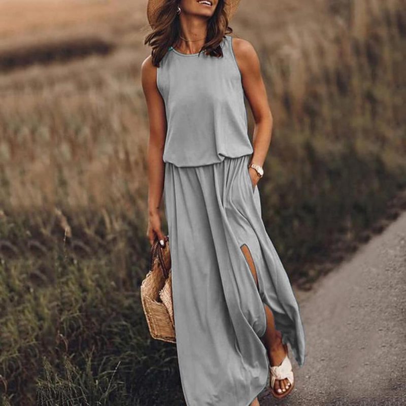 Gym Tote Bags | Summer Casual Loose Maxi Dress For Women Sleeveless Split Long Sundress With Pockets Elastic Waist Tank Dress (4X-Large, Gray) Gym Bags Gym Tote Bags