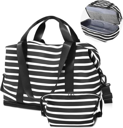 Gym Tote Bags | Trvavelizer 18” 43L Gym Tote Bag With Expandable Separated Shoe Compartment & Toiletry Bag,Lightweight Carry On Weekender Bag With Trolley Sleeve,Black White Stripe Gym Bags Black+white Stripes