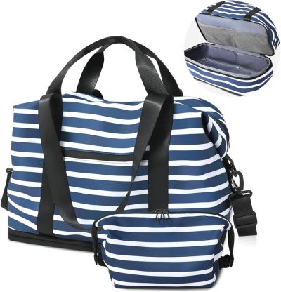 Gym Tote Bags | Trvavelizer 18” 43L Gym Tote Bag With Expandable Separated Shoe Compartment & Toiletry Bag,Lightweight Carry On Weekender Bag With Trolley Sleeve,Navy Blue Stripe Gym Bags Gym Tote Bags