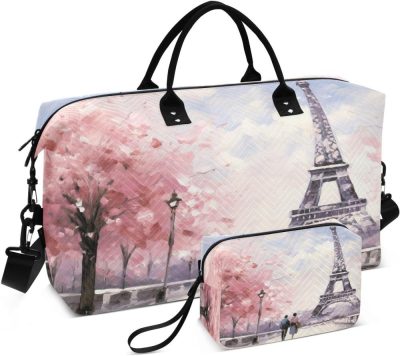 Gym Tote Bags | Zhirexin Paris Tower Quilted Weekender Travel Bag With Toiletry Bag Gym Tote Handbag Carry On Duffel Bags-2Pack Gym Bags Gym Tote Bags