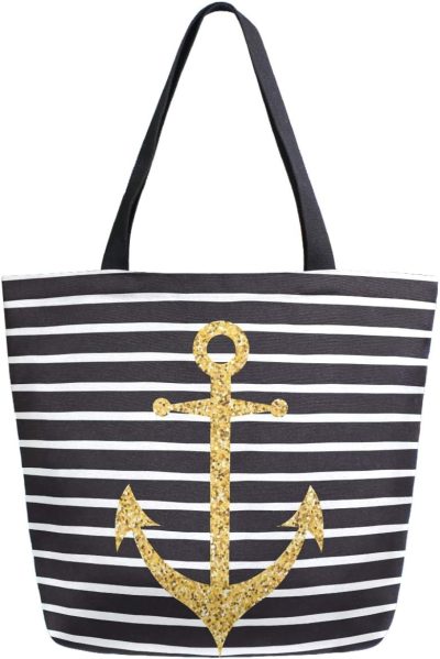 Gym Tote Bags | Zzwwr Chic Nautical Golden Anchor Stripe Extra Large Canvas Market Beach Travel Reusable Grocery Shopping Tote Bag Portable Storage Handbags(Black White) Gym Bags Anchor