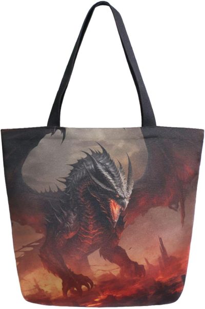 Gym Tote Bags | Zzwwr Stylish Extra Large Shoulder Grocery Tote Bag, Cool Black Dragon With Red Eyes Fantasy Canvas Daily Handle Bag For Gym Weekender Beach Travel Kitchen Reusable Market Shopping Gym Bags Dragon