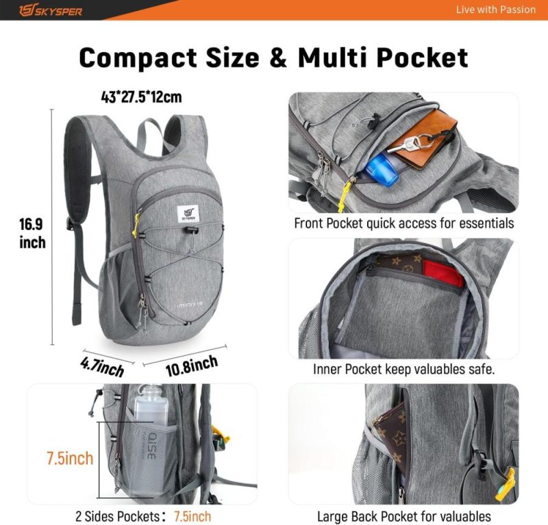 Hiking Daypacks | 15L Foldable Hiking Backpack Lightweight Packable Travel Daypack With Chest Strap Small Outdoor Folding Back Pack Collapsible Bag For Women Men (Grey) Backpacks Gray