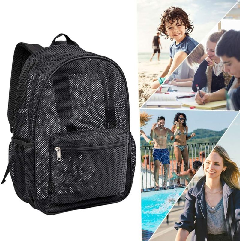 Hiking Daypacks | Heavy Duty Mesh Backpack, See Through College Backpack With Padded Shoulder Straps For Swimming, Outdoor Sports Backpacks Black