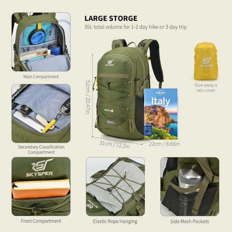 Hiking Daypacks | Hiking Backpack For Men Women, 35L Travel Backpack Waterproof Camping Backpack Outdoor Lightweight Daypack Backpacks Army Green