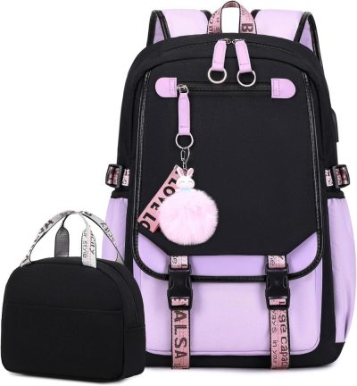 Kids’ Backpacks | Backpack With Lunch Bag Bookbag Set For Girls Kids Middle High School College Student 21L Casual Daypack Children Schoolbag Bookbag With Usb Charging Port (Purple) Backpacks Kids' Backpacks