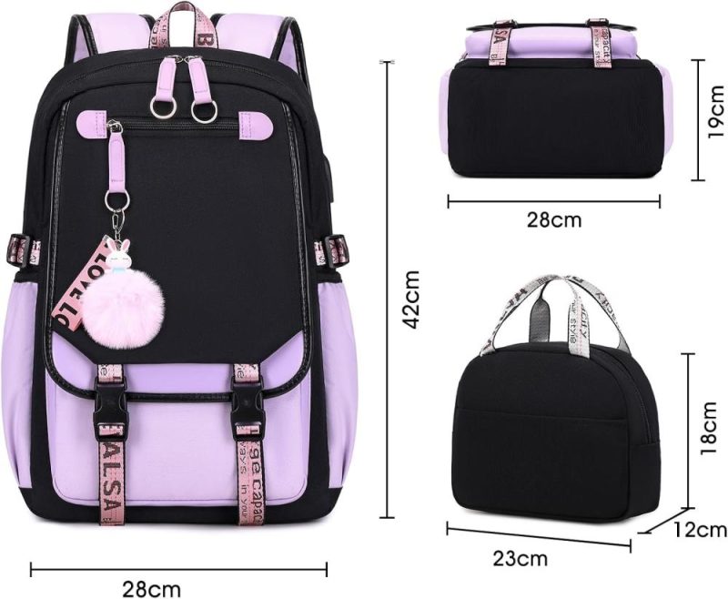 Kids’ Backpacks | Backpack With Lunch Bag Bookbag Set For Girls Kids Middle High School College Student 21L Casual Daypack Children Schoolbag Bookbag With Usb Charging Port (Purple) Backpacks Kids' Backpacks