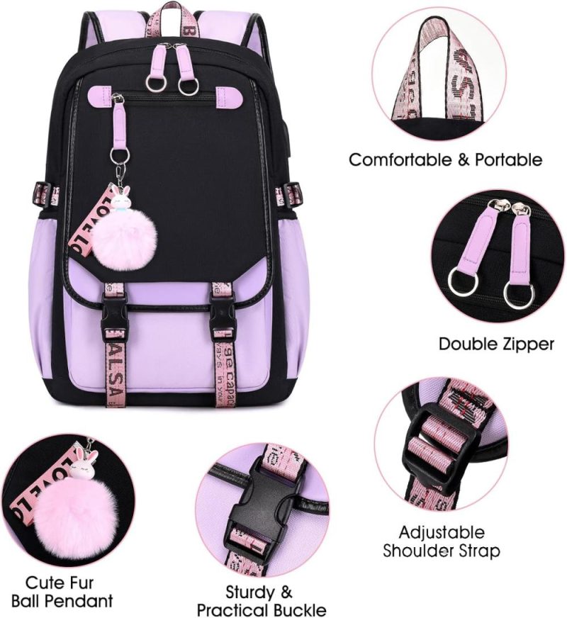 Kids’ Backpacks | Backpack With Lunch Bag Bookbag Set For Girls Kids Middle High School College Student 21L Casual Daypack Children Schoolbag Bookbag With Usb Charging Port (Purple) Backpacks Kids' Backpacks