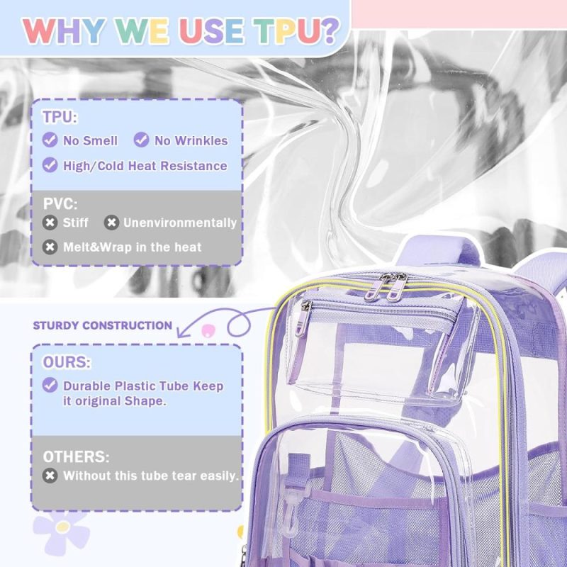 Kids’ Backpacks | Clear Backpack For Girls Heavy Duty Tpu，See Through School Backpack Stadium Approved，Quick Security Check See Through Backpack Transparent Bookbag,Purple Backpacks Kids' Backpacks