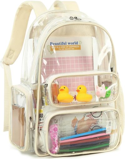 Kids’ Backpacks | Clear Backpack Heavy Duty Pvc Transparent Bag See Through Bookbag For Student School Work Festival Sport Travel(17 Inch,Beige) Backpacks Beige