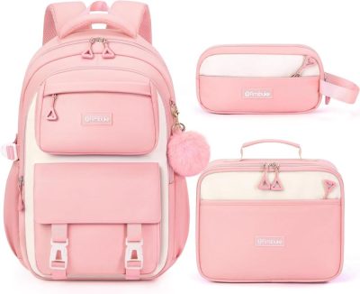 Kids’ Backpacks | Fimibuke Backpack For Girls, 3 Pcs Waterproof School Backpack With Lunch Box, Pencil Pouch Set For Kid Teen Girl, Cute Bookbag Travel School Bag For Elementary Middle High School Students Age 6+(Pink) Backpacks A1-Pink