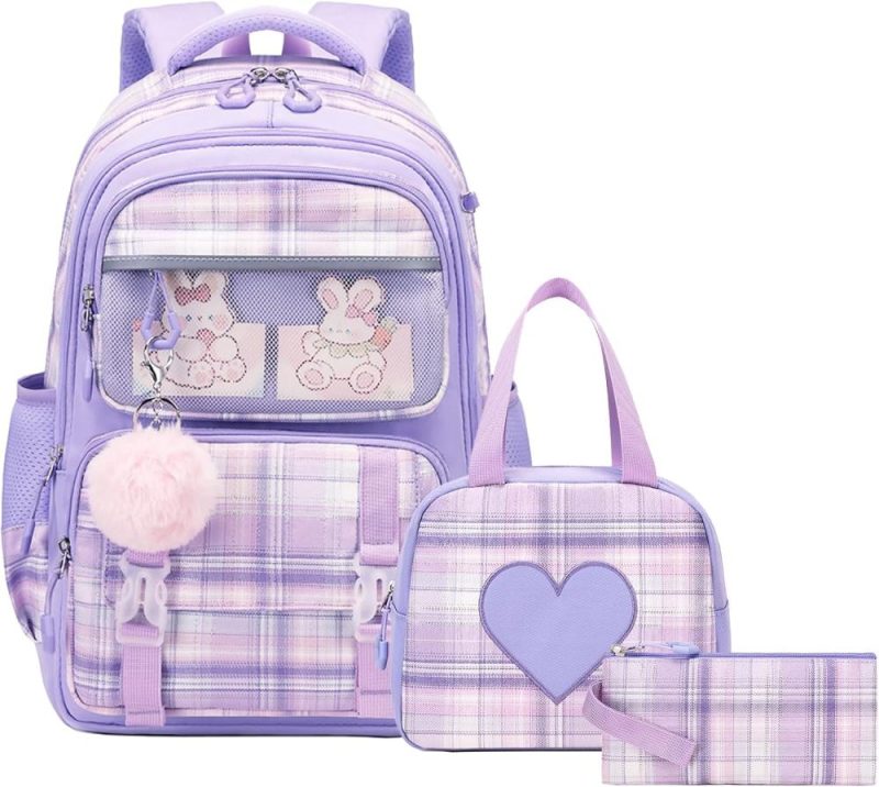 Kids’ Backpacks | School Backpack For Girls, Backpack With Lunch Box Kids Girls, Cute Bookbag For Girls Kids Teens Elementary Middle High School College Student Casual Travel Daypack Children Schoolbag (Purple) Backpacks Kids' Backpacks