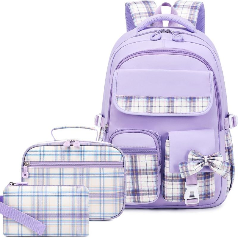 Kids’ Backpacks | School Backpack For Girls, Bookbags Back Pack School Bag For Teen Girl Elementary Middle School Student, Cute Stylish Plaid Girls Backpack With Matching Insulated Lunch Bag & Pencil Bag(Purple) Backpacks Kids' Backpacks