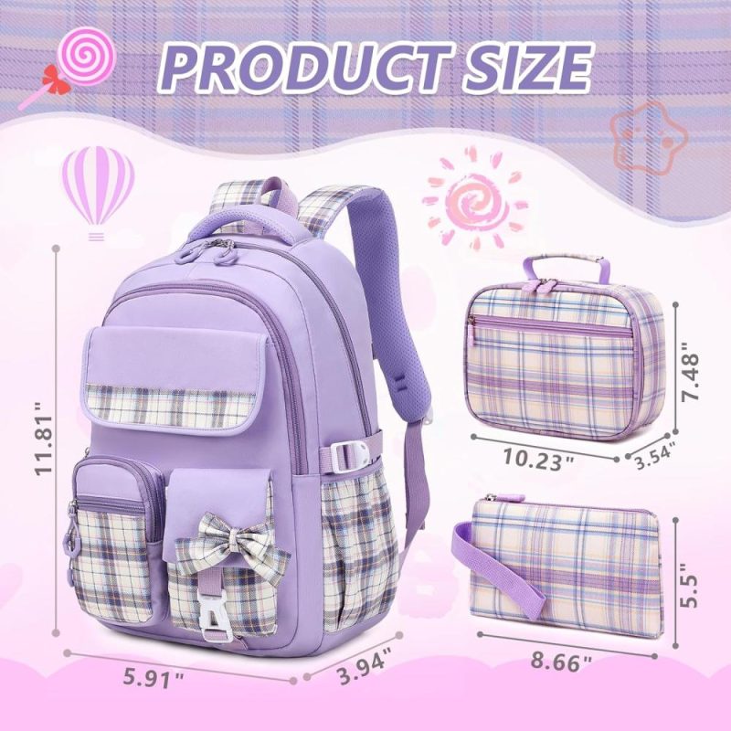 Kids’ Backpacks | School Backpack For Girls, Bookbags Back Pack School Bag For Teen Girl Elementary Middle School Student, Cute Stylish Plaid Girls Backpack With Matching Insulated Lunch Bag & Pencil Bag(Purple) Backpacks Kids' Backpacks