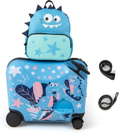 Kids’ Luggage | 2 Pcs Kid Luggage, 18" Ride On Suitcase W/Spinner Wheels, 12" Backpack W/Anti-Lost Rope, Carry Strap, Sit On Rolling Carry On Luggage Set For Girls Boys Travel (Blue Dinosaur) Kids' Luggage Kids' Luggage