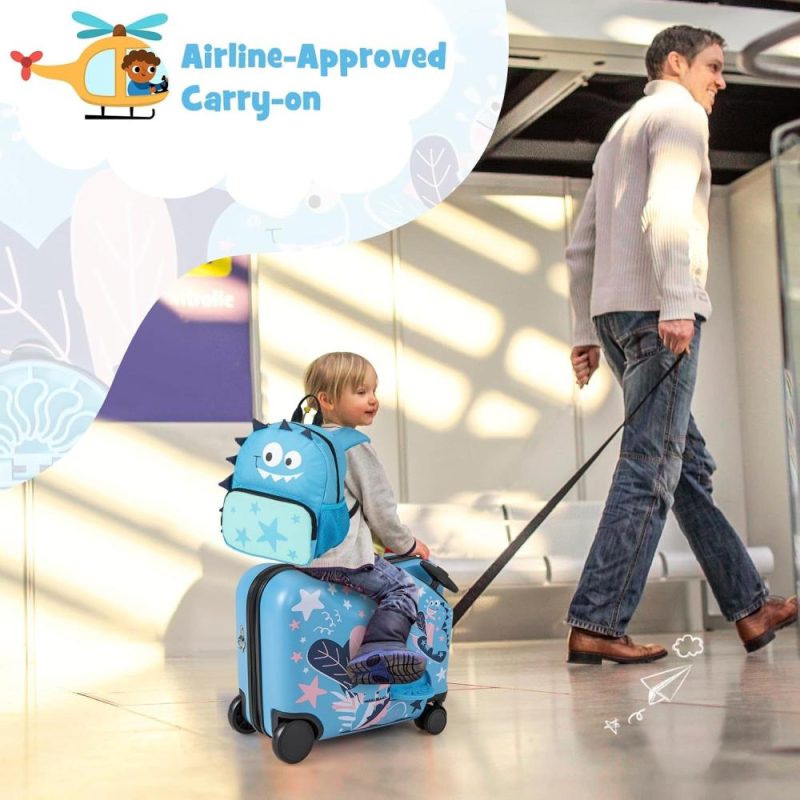 Kids’ Luggage | 2 Pcs Kid Luggage, 18" Ride On Suitcase W/Spinner Wheels, 12" Backpack W/Anti-Lost Rope, Carry Strap, Sit On Rolling Carry On Luggage Set For Girls Boys Travel (Blue Dinosaur) Kids' Luggage Kids' Luggage