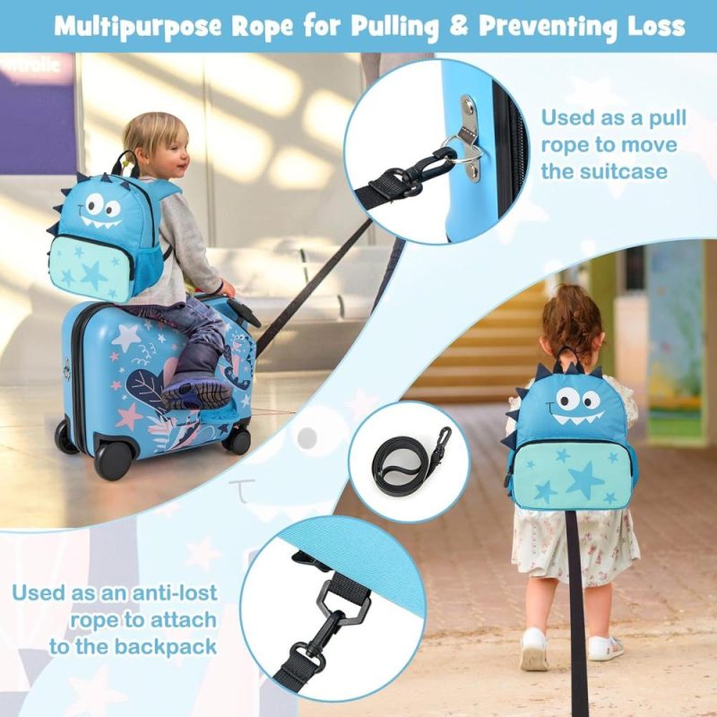 Kids’ Luggage | 2 Pcs Kid Luggage, 18" Ride On Suitcase W/Spinner Wheels, 12" Backpack W/Anti-Lost Rope, Carry Strap, Sit On Rolling Carry On Luggage Set For Girls Boys Travel (Blue Dinosaur) Kids' Luggage Kids' Luggage