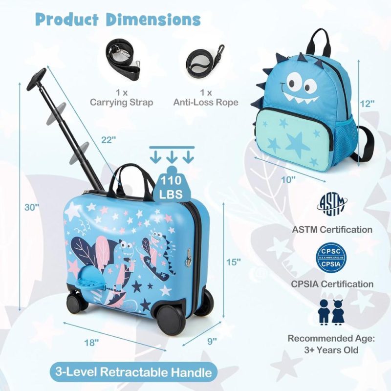 Kids’ Luggage | 2 Pcs Kid Luggage, 18" Ride On Suitcase W/Spinner Wheels, 12" Backpack W/Anti-Lost Rope, Carry Strap, Sit On Rolling Carry On Luggage Set For Girls Boys Travel (Blue Dinosaur) Kids' Luggage Kids' Luggage