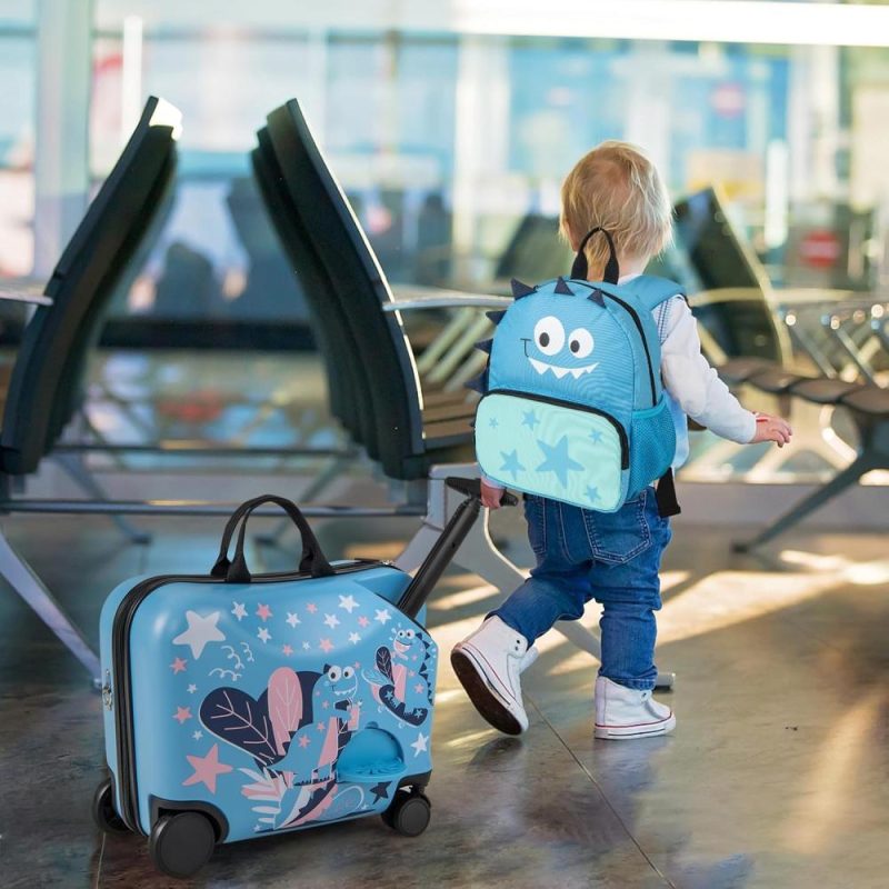 Kids’ Luggage | 2 Pcs Kid Luggage, 18" Ride On Suitcase W/Spinner Wheels, 12" Backpack W/Anti-Lost Rope, Carry Strap, Sit On Rolling Carry On Luggage Set For Girls Boys Travel (Blue Dinosaur) Kids' Luggage Kids' Luggage