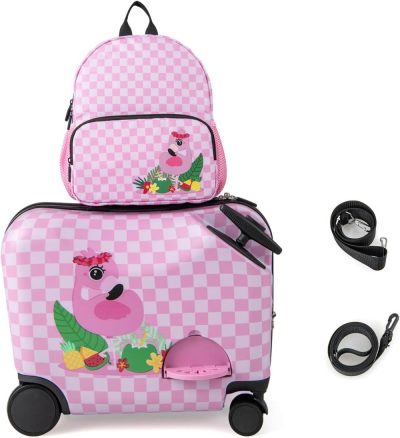 Kids’ Luggage | 2 Pcs Kid Luggage, 18" Ride On Suitcase W/Spinner Wheels, 12" Backpack W/Anti-Lost Rope, Carry Strap, Sit On Rolling Carry On Luggage Set For Girls Boys Travel (Pink Flaming) Kids' Luggage Kids' Luggage