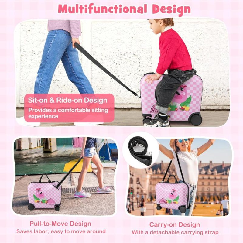 Kids’ Luggage | 2 Pcs Kid Luggage, 18" Ride On Suitcase W/Spinner Wheels, 12" Backpack W/Anti-Lost Rope, Carry Strap, Sit On Rolling Carry On Luggage Set For Girls Boys Travel (Pink Flaming) Kids' Luggage Kids' Luggage