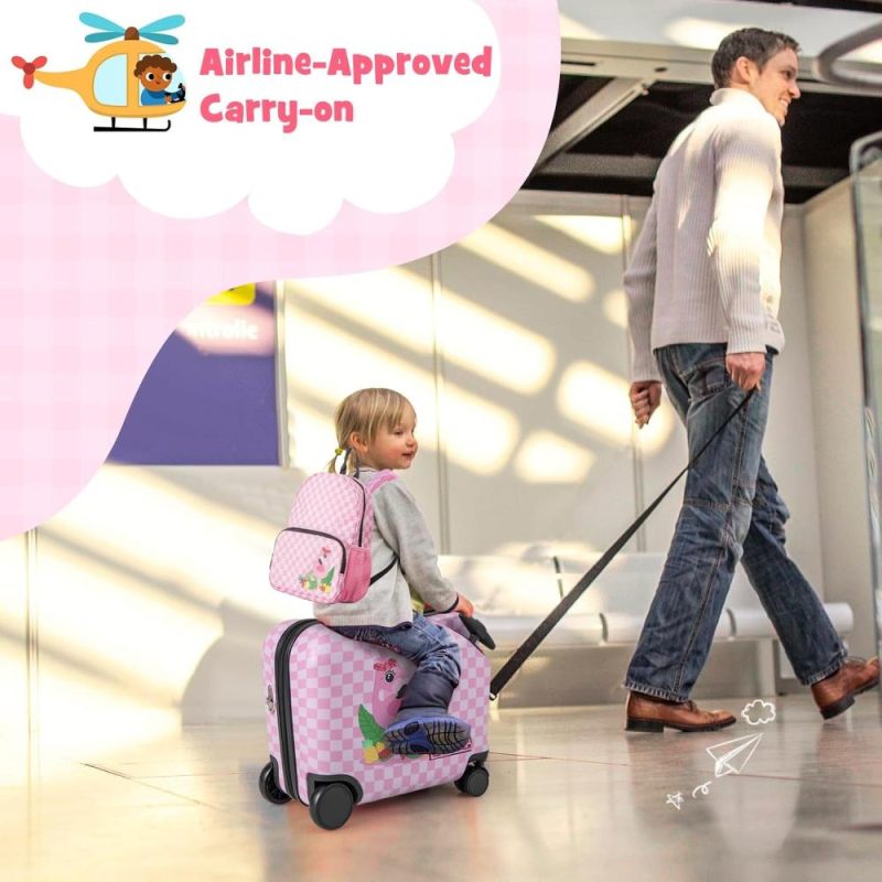 Kids’ Luggage | 2 Pcs Kid Luggage, 18" Ride On Suitcase W/Spinner Wheels, 12" Backpack W/Anti-Lost Rope, Carry Strap, Sit On Rolling Carry On Luggage Set For Girls Boys Travel (Pink Flaming) Kids' Luggage Kids' Luggage